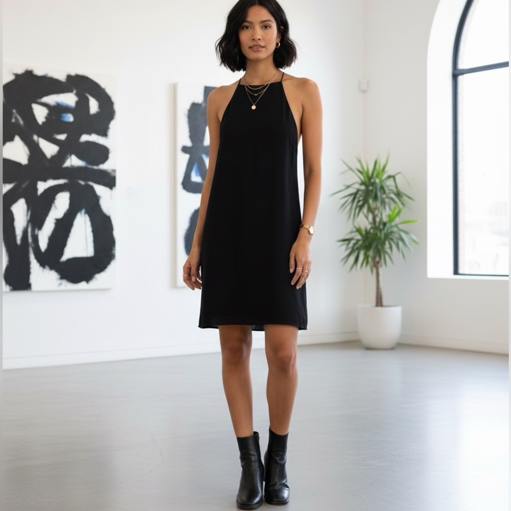 OAK + FORT Black Square High Neck Slip Dress Size S